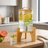 Glass Water Dispenser with Wood Stand, Large Cold Water Dispenser with Stainless Steel Tap, Ice Crackle Pattern Glass Dispenser for Home Bar Use