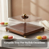 Cake Plate with Cover Wood Base Pastry Display Tray with Cover Rustic Design for Dessert Makers, Party Hosts, Weddings, Afternoon Tea, Parties