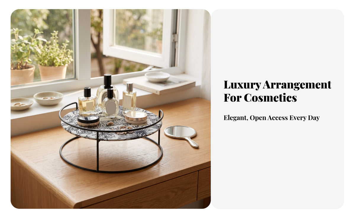Round Desktop Storage Rack | Circular Patterned Top Surface, Raised Rim for, Makeup Shelf Organizer, Bedside Table