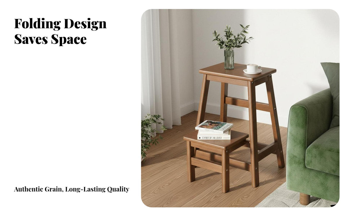 Two-Way-Purpose Solid Wood Ladder Stool Space-Saving Solid Wood Step Ladder Stable & Secure Wooden Folding Step Stool High Load Capacity for Homeowners, Seniors, Kitchen, Living Room, Closet, Library