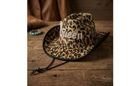 Cowboy Hat with Chin Cord Western-Style Leopard Print Hat Rhinestone for Women, Festivals, Photo Shoots, Streetwear