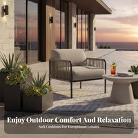 Nordic Design Woven Rope Armchair Weather Resistant Cushioned Woven Armchair Waterproof Outdoor Furniture Minimalist Aesthetic for Homeowners, Hotel Managers, Hospitality Professionals, Balcony, Courtyard, Backyard, Poolside