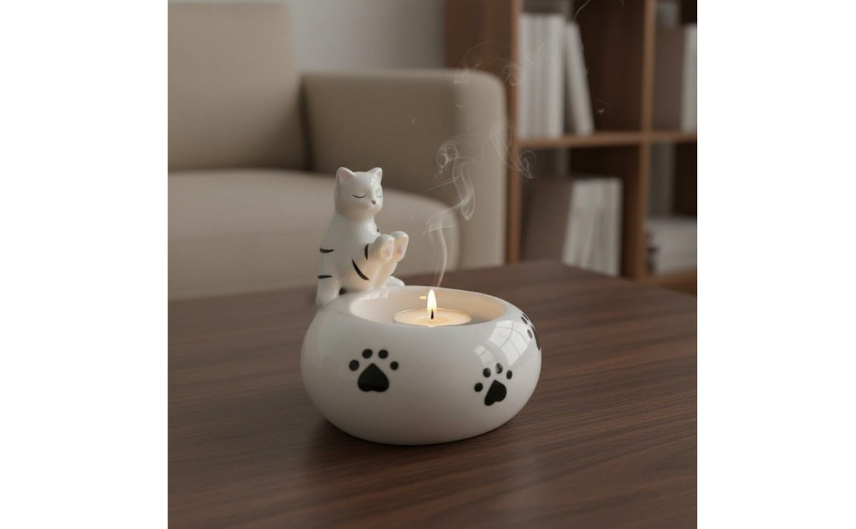 Ready Ceramic Cat Tealight Holder Artistic and Practical Kitten Figurine Candle Holder Paw Print Candle Cup for Living Room, Bedroom, Desktop