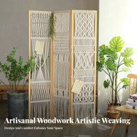 Natural Materials Bohemian Folding Screen Foldable Design Wooden Frame Woven Screen Portable 3-Panel Room Divider for Apartment Dwellers, Interior Decorators, Office Workers, Guesthouse, Bedroom