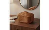 Multi-Purpose Rattan Design Storage Basket with Lid Handwoven Imitation Rattan Lidded Bin Long-Lasting Construction for Kitchen, Bedroom
