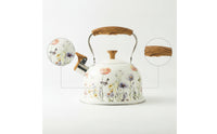 Floral Whistling Tea Kettle Wood-Grain Tea Kettle with Flip-up Spout Cottage-Style Fast-Boiling for Kitchen