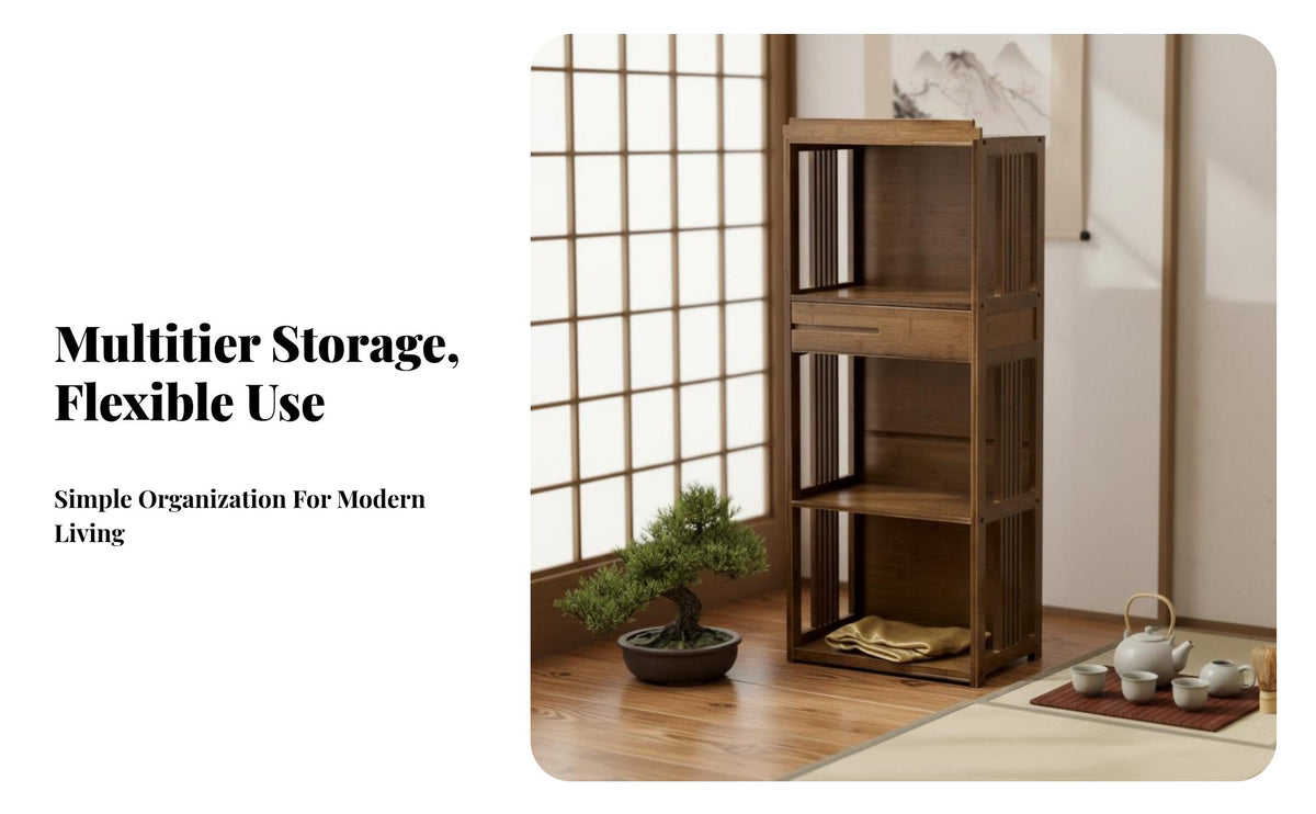 Chinese design Slatted Multi-Level Stand Includes Drawers Display Shelf Retro Aesthetic Storage Rack Space-Saving for Tea Lovers, Collectors, Living Room, Bedroom, Office, Balcony