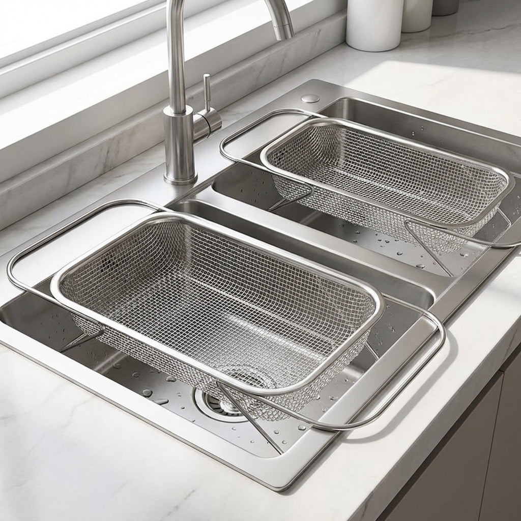 Kitchen Sink Strainer and Extendable Draining Basket, Stainless Steel Mesh Vegetable Colander and Fruit Strainer, Space Saving Kitchen Sizes
