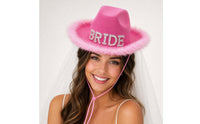 Pink Cowboy Hat with Feather Trim Rhinestone Cowgirl Hat with Feathers Felt-Like Wide-Brim for Bride, Women, Girls Night Out