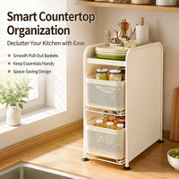 3 Tier Kitchen Countertop Organiser, Pull-Out Spice Rack, Knife & Chopstick Holder, Carbon Steel Storage, 16cm x 40cm x 49cm