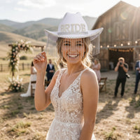 Rhinestone Bride Hat with Rhinestones Western-Style Cowgirl Hat with Fringe Glittering Bridal for Bachelorette, Hen Party