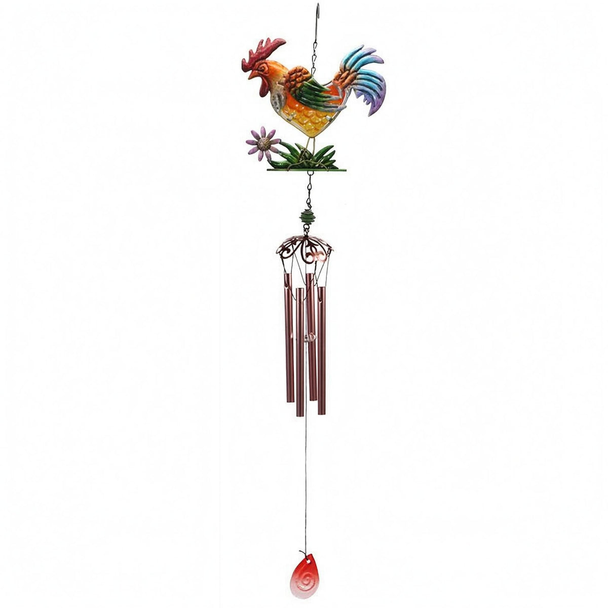 Hand-Painted Rooster-Shaped Wind Chime Iron Metal Wind Chime Glass Hanging Rooster-Shaped Ornament Flower and Foliage