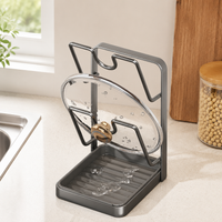 Carbon Steel Pot Lid Holder, Single Layer Countertop Lid Rack with Drip Tray, Space Saving Kitchen Organiser