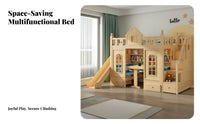 Castle Bunk Bed with Slide Multi-Functional Tiered Sleeping Arrangement Bed Slide Storage Space Saving for Children, Parents, Playroom, Bedroom, Home