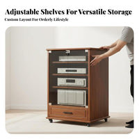 Heat Dissipation Design Wooden Amplifier Cabinet Heavy-Duty Construction Stereo Cabinet with Wheels Adjustable Shelves Solid Wood Media Stand for Audiophiles, Studio, Conference Room