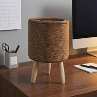 Wooden Legs Rattan Planter Clear Liner Wood Leg Planter Tabletop Wicker Plant Basket Decorative