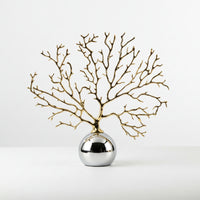 Coral Branch Sculpture with Spherical Base Reflective Metal Coral Statue with Mirror Sphere Abstract Decor for Entryway, Display Cabinet