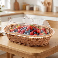 Woven Food Basket with Acrylic Dome Shallow Bread Basket with Acrylic Lid Countertop for Kitchen Counter