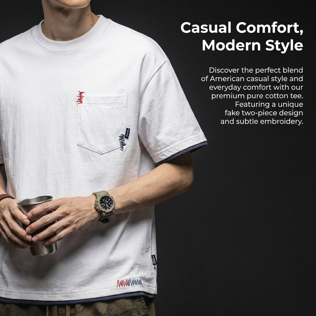 Heavy Crew Neck T-Shirt for, Loose Fit Embroidered Short Sleeve Tee, Contrast for Summer Casual Wear Layered for Young Adults