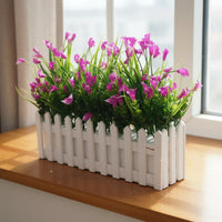 Artificial Flowers Fence Box Low Maintenance Picket Fence Planter with Foam Insert Ready to Display for Office, Shelf
