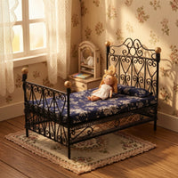 Dollhouse Bed with Mattress Wrought-Iron Style Miniature Double Bed Furniture Vintage Ornate for Doll Lovers