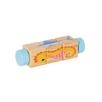 Natural Wood Wooden Rotating Block Puzzle Printed Graphics Three-Block Rotating Puzzle Compact Brain Teaser Game Educational for Children