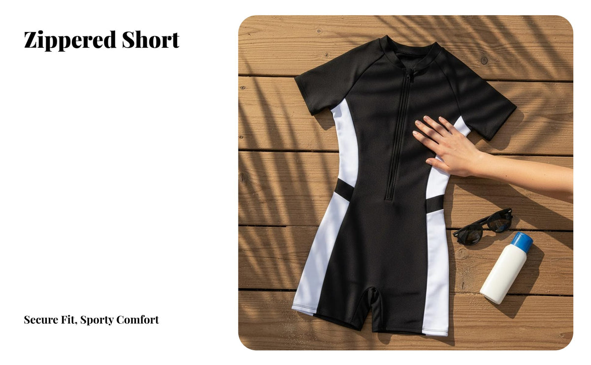 Multicolor Design Waterwear Top High Elasticity Short Sleeve Waterwear Top Short Sleeve Zip up Swimsuit Modest Coverage