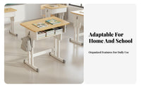 Safe & Long-Lasting Solid Wood Student Desk and Chair Rounded Corners Adjustable Kids Study Desk Set Easy to Assemble children's Height Adjustable Writing Table Space Saving for Students, Boys, Girls, Classroom, Homeschooling, Home, Bedroom