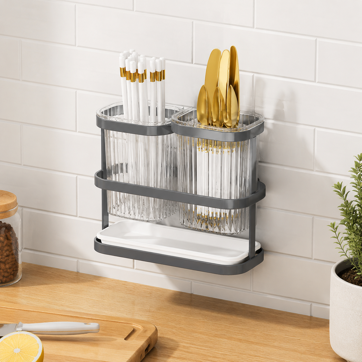 Carbon Steel Kitchen Utensil Holder, Double Compartment Cutlery Drainer, Countertop Storage, Modern Design