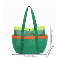 Side Pockets Mesh Tote Bag Snap Closure Mesh Beach Bag Long Handles Contrast Trim for Pool