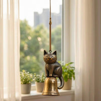 Cat Wind Chime Textured Bronze Cat Chime House Decoration Small Bell Hanging Ornament Cord Cord Hanging for Entryway, Window