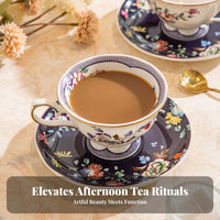 Floral Avian Pattern Teacup Gift Boxed Gold Trim Coffee Mug Ceramic Teacup and Dish Set High-Temperature Fired for Cafe