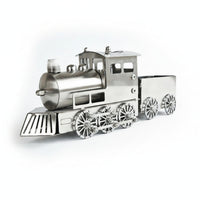 Industrial Style Stainless Steel Train Ornament Polished Silver Steam Engine Sculpture Spoked Wheels Metal Train Ornament Display Piece