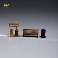 VM 1/64 Park Miniature Scene Prop Set with Vintage Bench, Oil Drums, Welcome Sign, and Trash Can Model