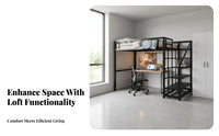 Dormitory Loft Bed Nordic Design Metal Loft Bed with Desk Space Saving for Young Adults, Teenagers, Small Areas, Studio Apartment, Home Office
