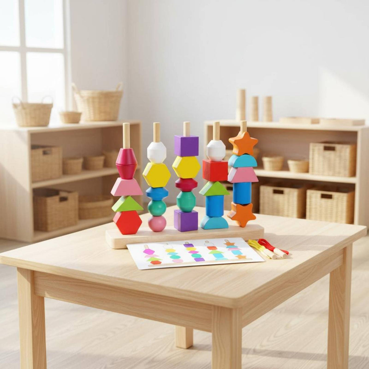 Vertical Pegs Wooden Shape Matching Toy Polished Painted Finish Wooden Stacking Toy Geometric Sorting Game Colorful for Preschoolers, Kids