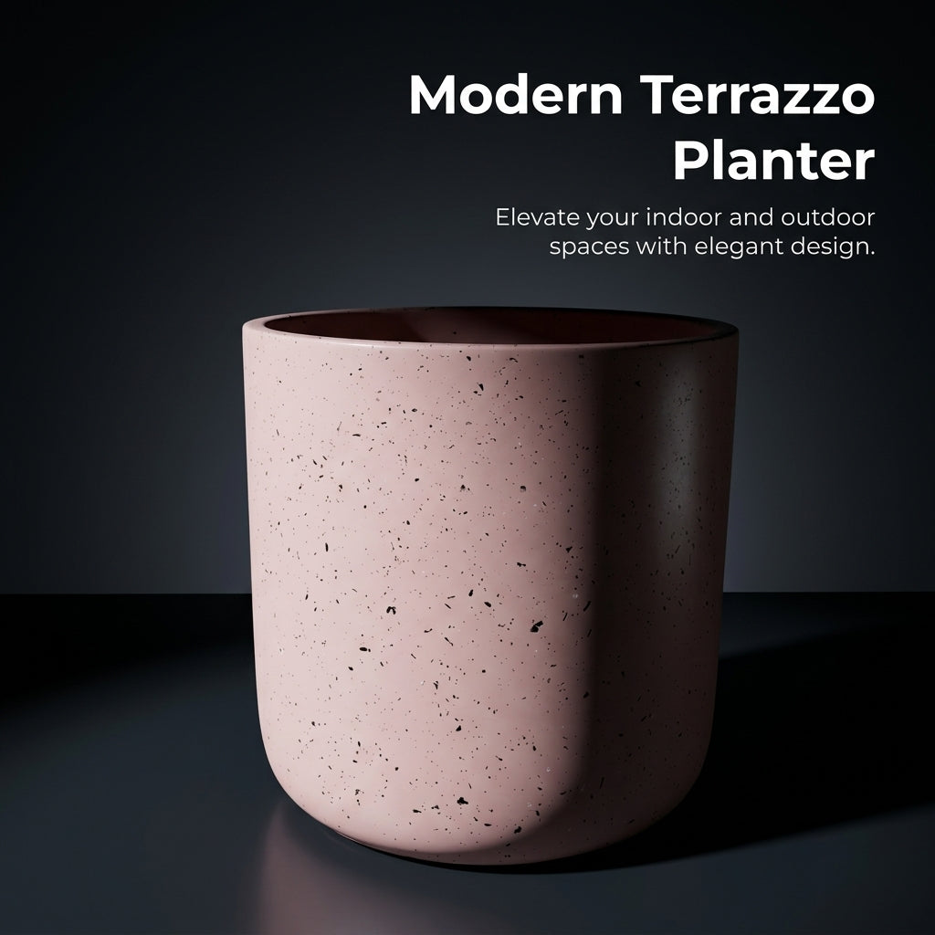 Large Outdoor Concrete Planter for Garden, Handmade Cement Floor Standing, Pink Flower Pot Terrazzo Style, 26cm Diameter