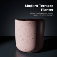 Large Outdoor Concrete Planter for Garden, Handmade Cement Floor Standing, Pink Flower Pot Terrazzo Style, 26cm Diameter