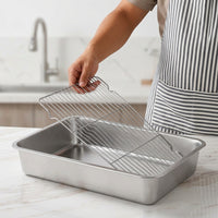 Stainless Steel Tray with Lid, 200mm Deep Basin Tray and Draining Tray, Rustproof Oil Draining Pan, Rectangular Basin for Food Cooking Tray