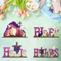 4 Pieces Wooden Easter Table Sign Colorful Design Easter Centerpiece Set Sturdy Wood Christian Wooden Sign for Holiday Decorators, Tiered Tray, Shelf
