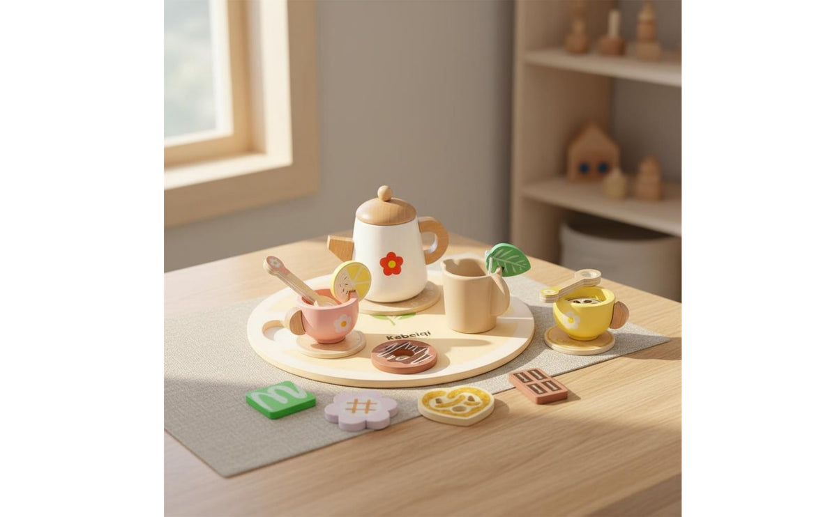 Wooden Pretend Tea Party Set and Wooden Tea Set Colorful Pieces for Children, Playroom