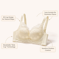 Push Up Bra with Breathable Lace and Non Wired Support for Women, Everyday with Panels, Four Hook Closure for Adjustable Fit