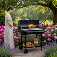 Briquette Grill with Lid Outdoor Briquette Grill with Side Shelf Adjustable Barbecue with Wheels for Families, Backyard, Patio, Camping