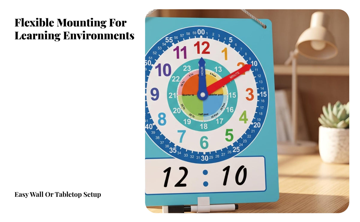 Teaching Clock Board with Movable Hands | Large Easy-to-Read Layout, Double-Sided Visual Design, Wall Hanging hour practice tool, for Classroom