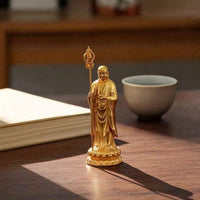Brass Ksitigarbha Bodhisattva Statue Gold-Toned Ksitigarbha Figurine with Rod Miniature Statue with Lotus Base Tabletop for Buddhists, Practitioners, Home Altar, Meditation Room, Shrine