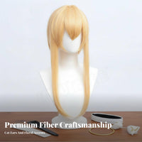Long Blonde Hairpiece with Ears Pre-Design D Blonde Cat Ear Hairpiece Heat Resistant Fiber Costume Accessory for Cosplayers, Costume Parties, Photo S
