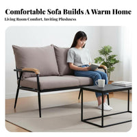 Japanese design Fabric Couch with Wood detailing Minimalist Design Upholstered Settee with Wooden Armrests Comfortable paddinging Sofa Sturdy Construction for Homeowners, Interior Decorators, Bedroom