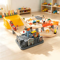 Wooden Train Set with Tracks Interlocking Wooden Train Track Set Powered Railway Kit for Young Children