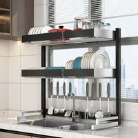 Dish Rack Over Sink with Utensil Holder, Expandable Dish Drainer for Kitchen Sink Organiser, 2 Tier Space Saving Shelf with Mug Holder, Metal