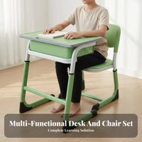 Ergonomic Design Student Desk and Chair Set Sturdy Construction Single Student Desk Chair Easy to Assemble Kids Study Workstation Built-in Storage for Students, Teens, Tutoring Center, Homeschooling, Distance Learning, Bedroom
